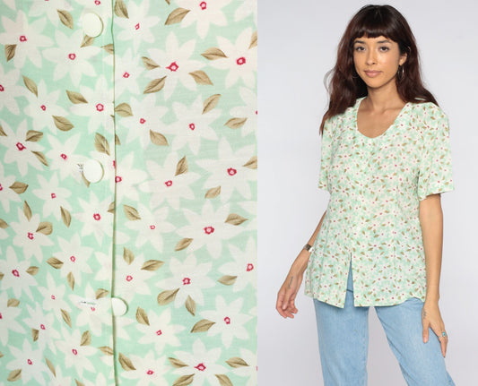 90s Green Floral Button-Up Shirt Short Sleeve Blouse Medium Large
