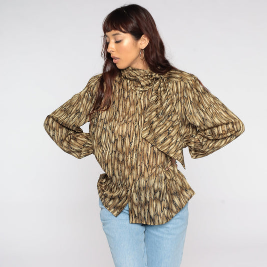 80s Striped Ascot Blouse Brown Long Sleeve Scarf Neck Top Large