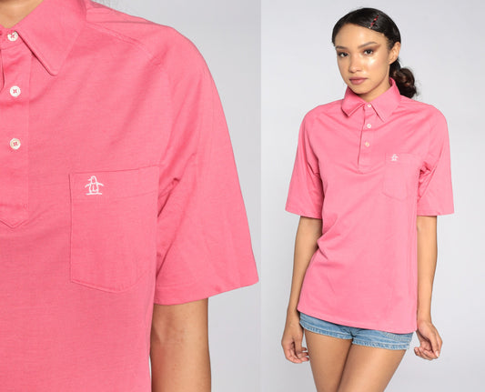 80s Munsingwear Polo Shirt Pink Half-Button Cotton Blend Small Medium
