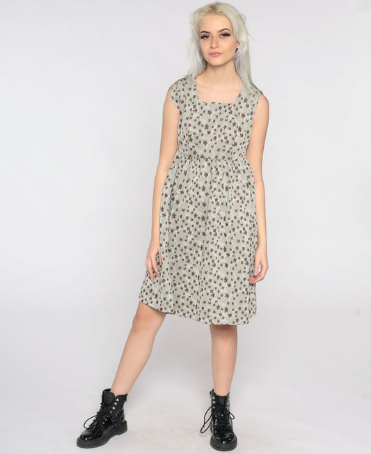 70s Taupe Floral Mini Dress Empire Waist Sleeveless Small