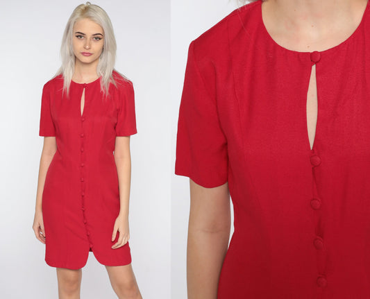 90s Red Mini Shift Dress Button Front Keyhole Short Sleeve Small