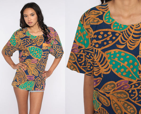 90s Tropical Leaf Graphic T-Shirt Jungle Print Vintage Surfer Tee Large L