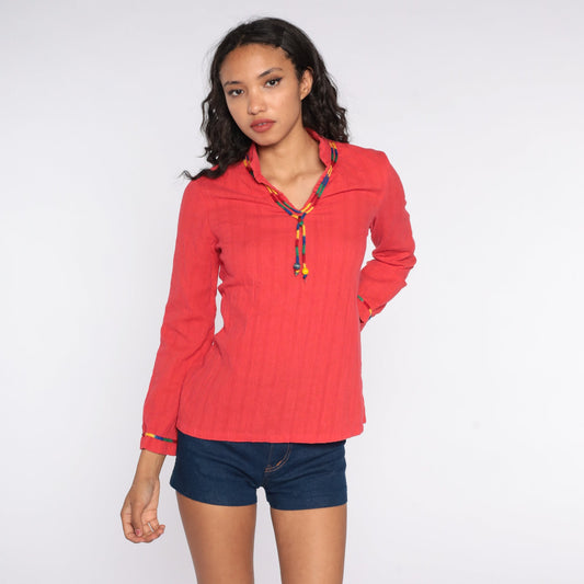 70s Red Cotton Tunic Top V-Neck Long Sleeve Vintage Blouse Small