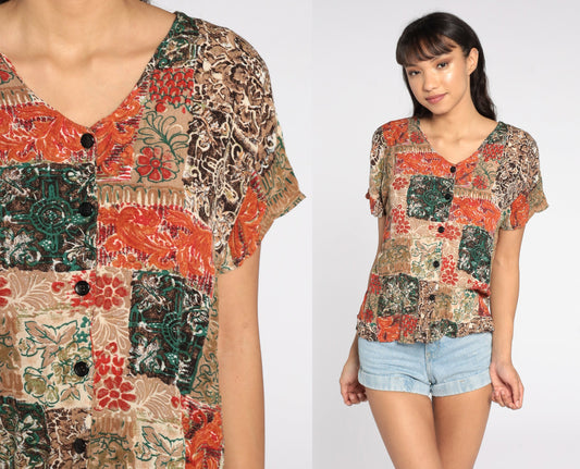 90s Patchwork Orange Floral Button-Up Shirt Rayon Blouse Medium