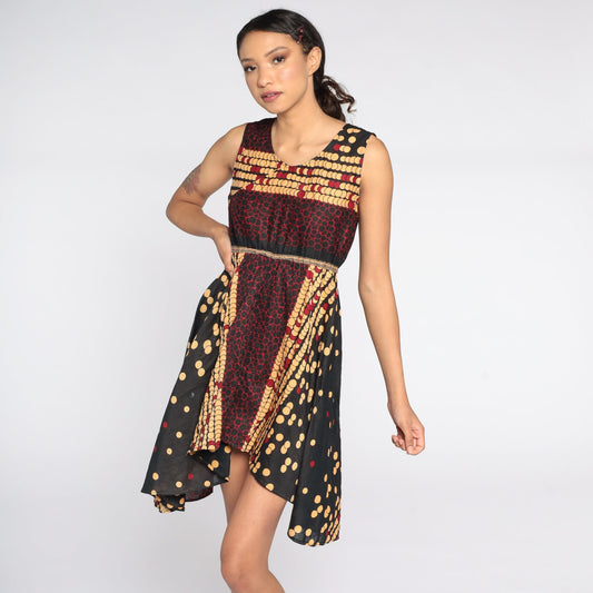 00s Geometric Print Mini Dress Empire Waist Sleeveless Black Tan Red Extra Small