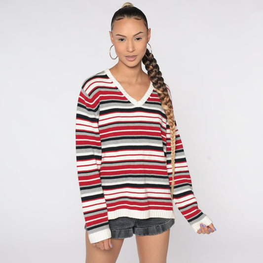 90s Red White Striped Cotton Knit V-Neck Pullover Sweater Men's Large L