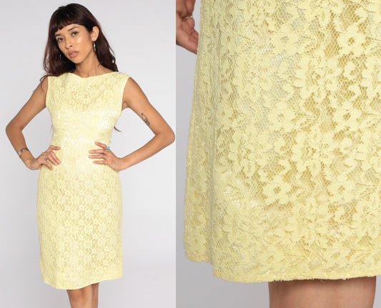 60s Yellow Lace Shift Cocktail Dress Mini Sleeveless Extra Small