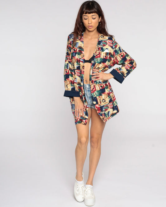 90s Floral Print Open Front Blazer Jacket Rayon Medium Large