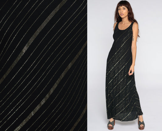 90s Black Maxi Dress Gold Metallic Stripe Sleeveless Column Medium