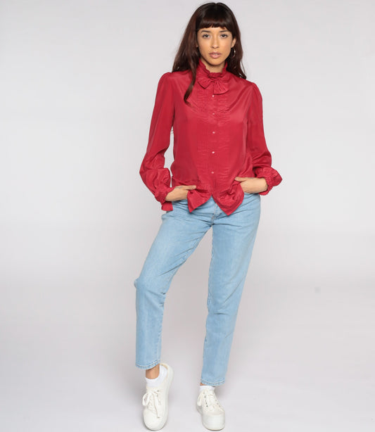 80s Red Pinstriped Necktie Blouse Puff Sleeve Button Up Medium