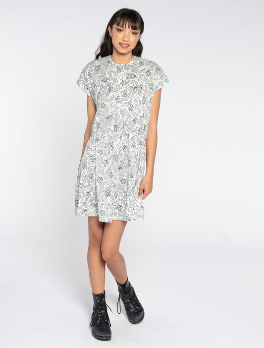 80s Floral Mini Dress Black White Cap Sleeve Button Front High Waisted Extra Large