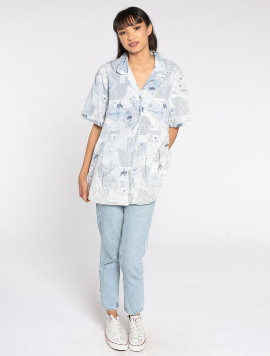90s Floral Button Up Shirt Plus Size White Blue Short Sleeve Blouse XXL