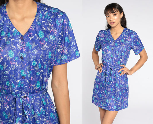 70s Purple Floral Mini Shift Dress Button-Up Short Sleeve Medium
