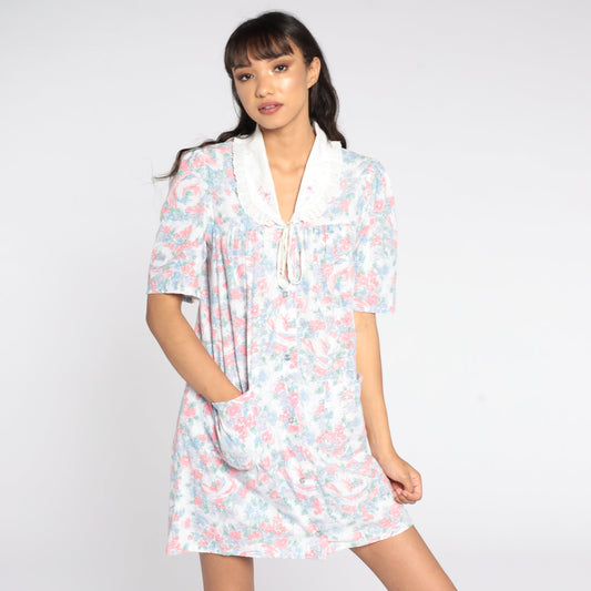 80s Floral Mini Dress Lace Collar Short Sleeve Cotton Small
