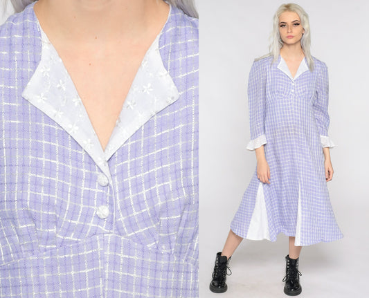 70s Purple Checkered Dress Puff Sleeve Empire Waist Midi Small