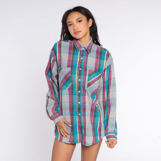 90s Blue Plaid Flannel Shirt Cotton Button-Up Long Sleeve Extra Large