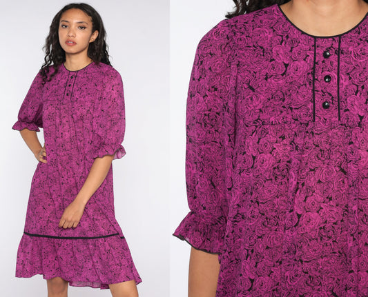 80s Purple Floral Tent Dress Half-Sleeve Trapeze Midi Small