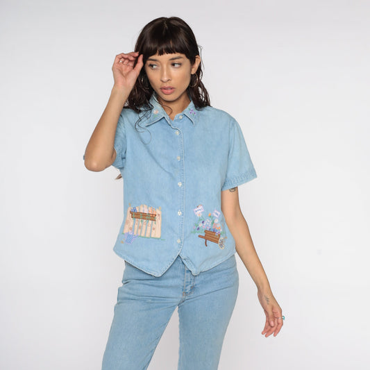 90s Bill Blass Floral Embroidered Denim Shirt Blue Cotton Button Down Medium
