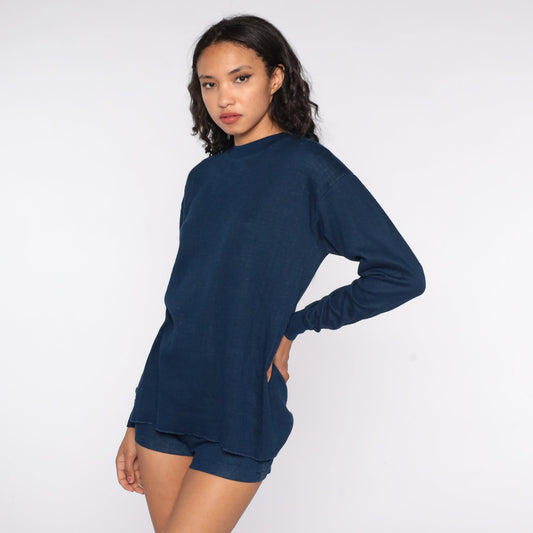 80s Navy Thermal Knit Long Sleeve Shirt Extra Large XL
