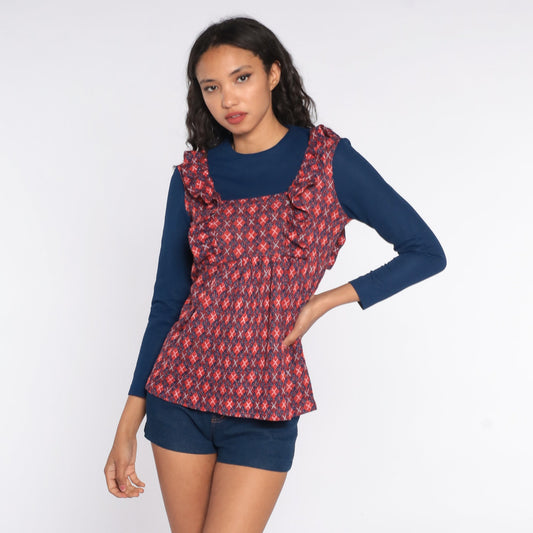 70s Plaid Babydoll Top Ruffled Long Sleeve Checkered Tunic Blue Red Medium