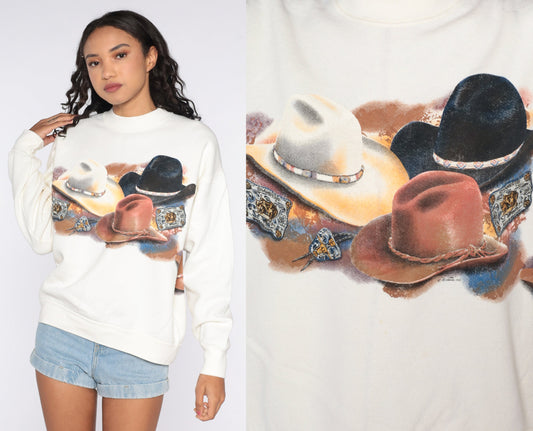 90s Cowboy Hat Graphic Sweatshirt Cream Crewneck Pullover Large L