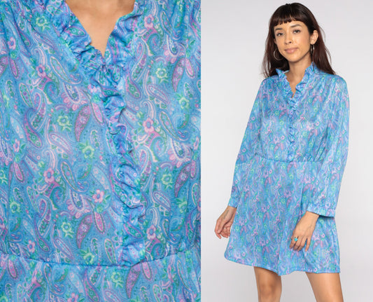 80s Blue Paisley Print Mini Dress Long Sleeve High Waist Ruffle V Neck Medium