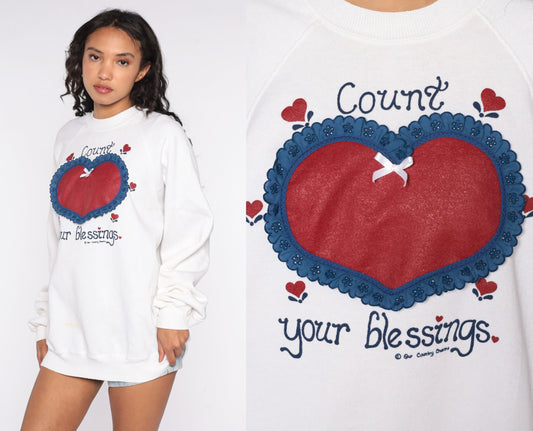 80s Heart Count Your Blessings Sweatshirt Novelty Raglan Extra Large XL
