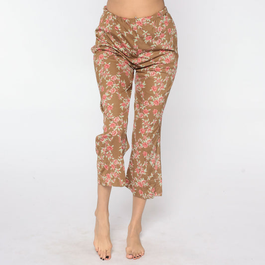 80s Floral Trousers Brown Pink Print High Waist Straight Leg Small