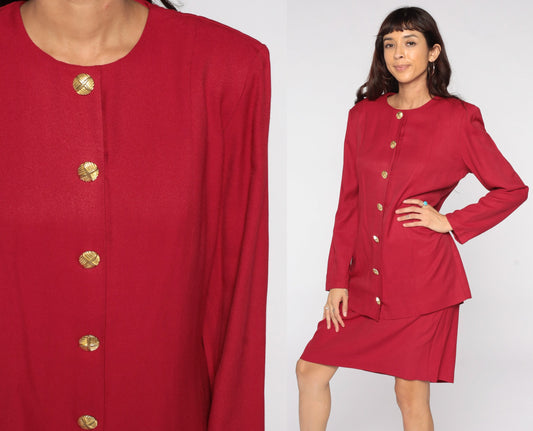 80s Red Button-Up Dress Gold Buttons Knee Length Long Sleeve Medium