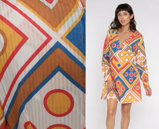 70s Geometric Print Babydoll Dress Empire Waist Mini Long Sleeve Yellow Blue Medium