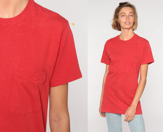 80s Red Cotton Pocket T-Shirt Plain Tee Small S