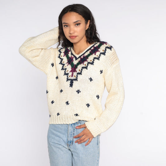 80s Cream Geometric V-Neck Sweater Knit Pullover Small