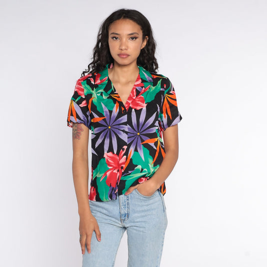 80s Tropical Floral Black Button-Up Blouse Short Sleeve Medium