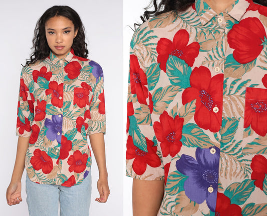 90s Floral Rayon Button-Up Blouse Taupe Red Flower Print Small