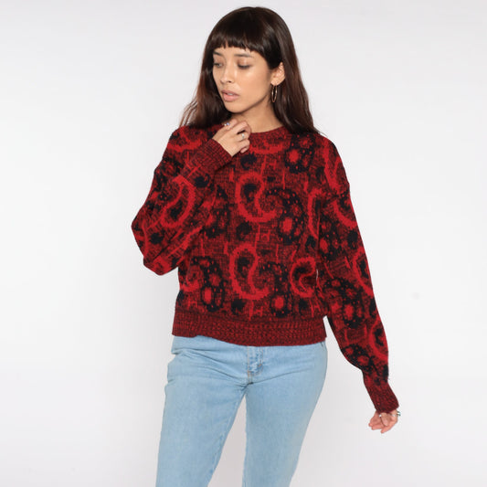 80s Paisley Pullover Sweater Red Black Acrylic Knit Medium