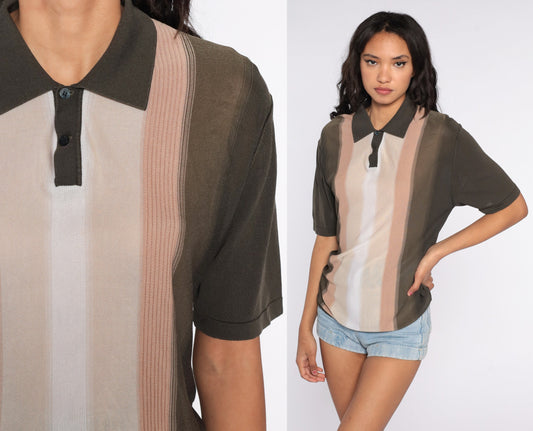 80s Brown Striped Polo Shirt Half Button Chest Medium