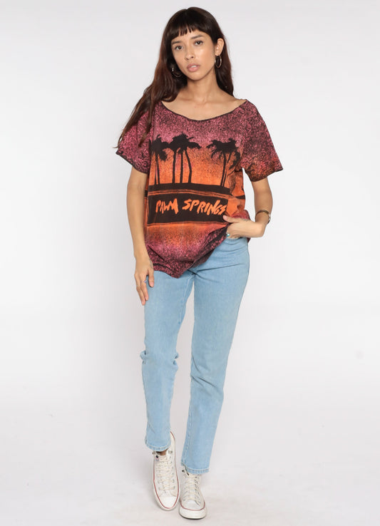 90s Palm Springs California Sunset Graphic T-Shirt Orange Pink Large