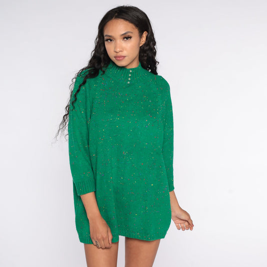 70s Green Flecked Wool Knit Sweater Mock Neck Longline Pullover One Size