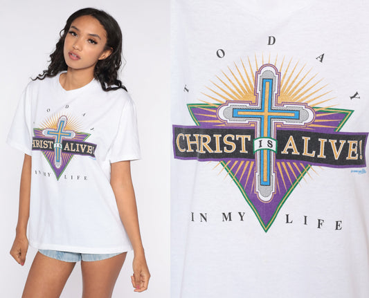 90s Christian Graphic T-Shirt Christ Is Alive In My Life Hanes Medium
