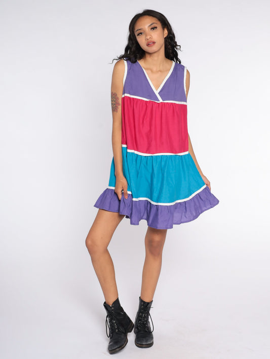 80s Color Block Mini Tank Dress Pink Purple Striped Tent Cut Large L