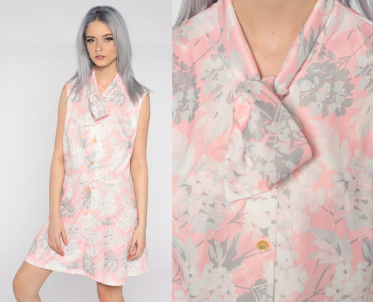 70s Floral Mini Dress Pink White Grey Button-Up High Waist Sleeveless Extra Large