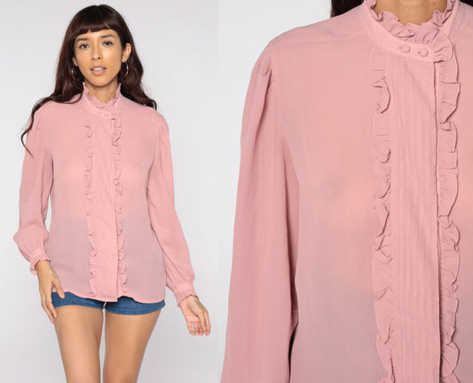 80s Pink Sheer Ruffle Tuxedo Blouse Puff Sleeve Button Up Medium