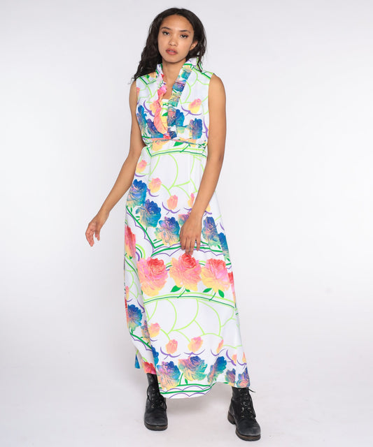 70s Floral Maxi Dress White Rose Print Empire Waist Sleeveless Medium