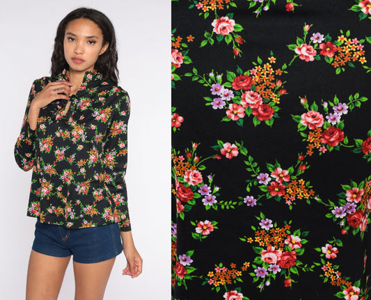 70s Black Floral Ascot Blouse Long Sleeve Neck Tie Top Large L