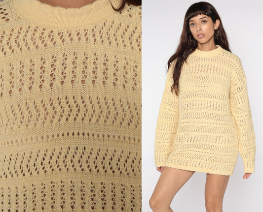 80s Yellow Metallic Knit Sweater Sheer Cutout Pullover Large