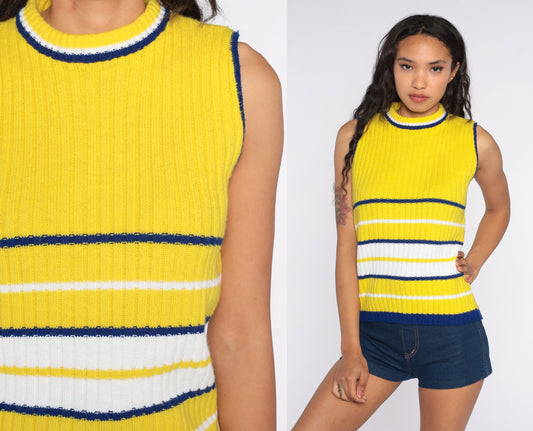 70s Yellow Striped Knit Tank Top Sleeveless Sweater Vest Medium