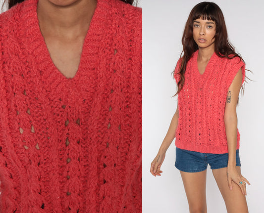 80s Pink Sheer Knit Vest Cap Sleeve V-Neck Sweater Top Large L