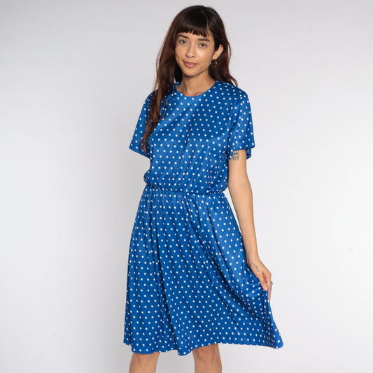 Y2K Blue Polka Dot Midi Dress High Waisted Short Sleeve Flared Large L