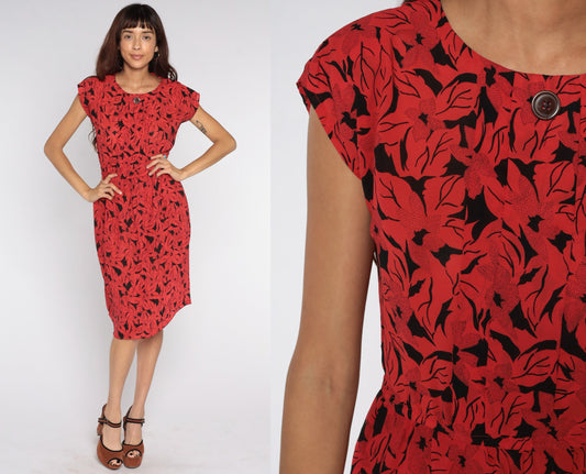 80s Floral Midi Dress Red Black Cap Sleeve High Waist Medium