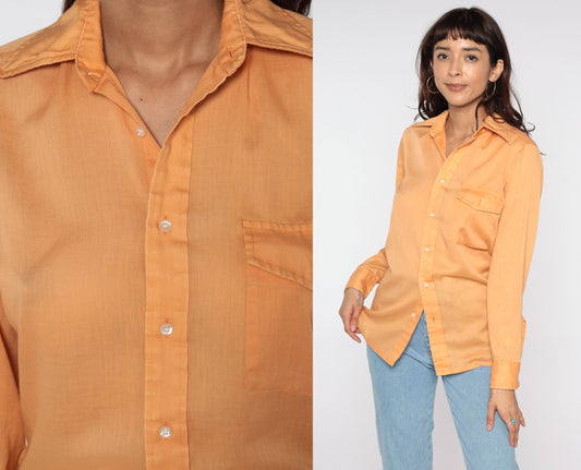 70s Orange Semi-Sheer Button-Up Shirt Long Sleeve Disco Collared Medium